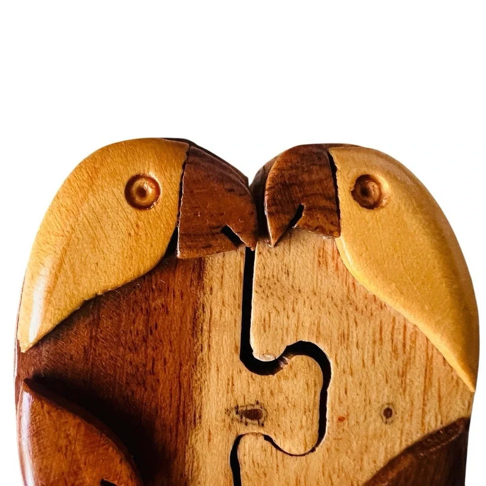 Vintage Wooden Puzzle Trinket Box Love Birds Parrot Hand Carved Artisan Folkart